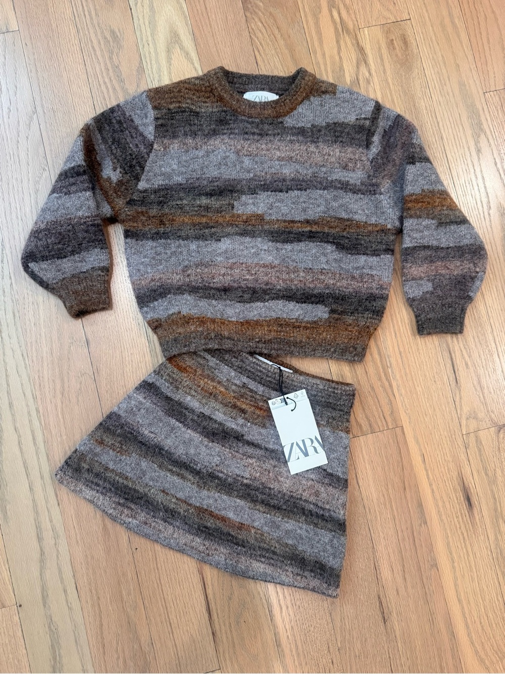 Zara kids Brown & Gray Striped Knit Sweater + Skirt Set